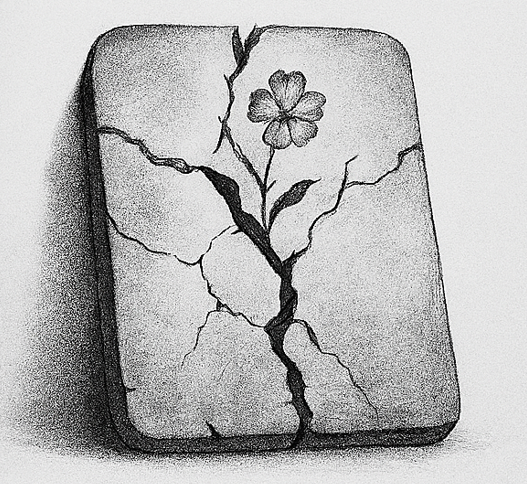 Cracked stone with flower